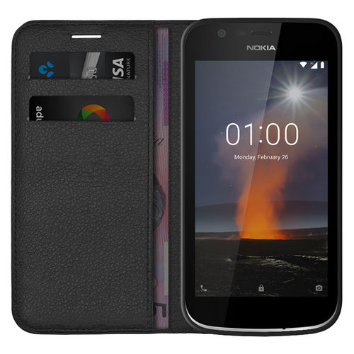 Leather Wallet Case & Card Holder Pouch for Nokia 1 - Black